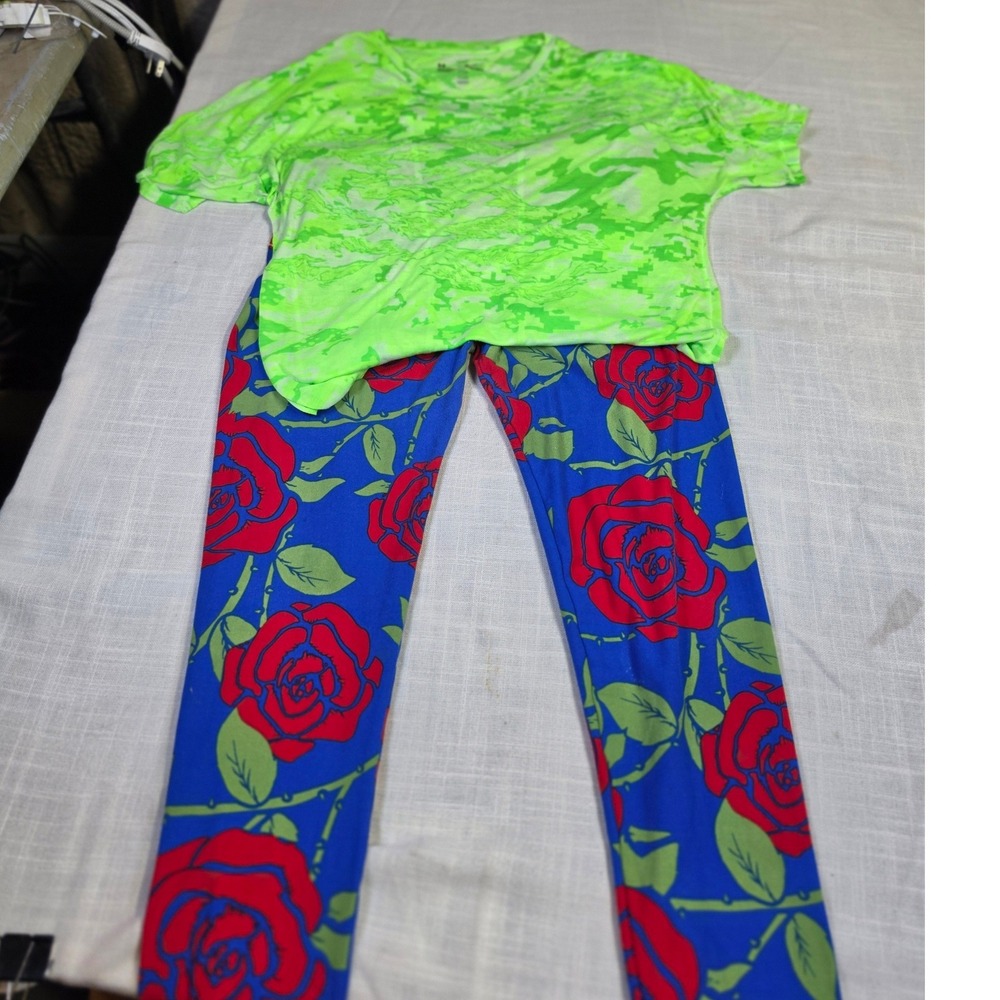Under Armour Camo Shirt XL & LuLaRoe Rose Leggings TC Set Neon Green Blue Red